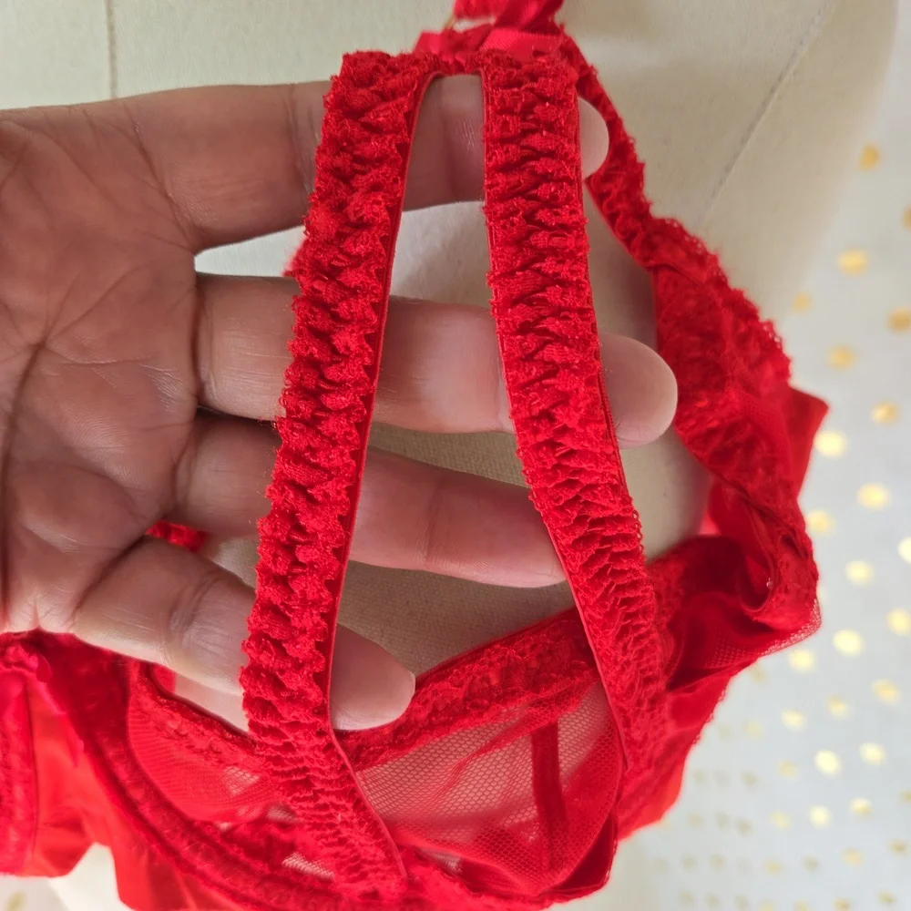 Savage x Fenty Red Lace Cage Demi Cup Bra Size 42DD - Picture 5 of 13